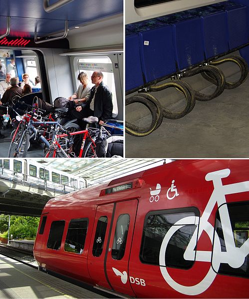 (図3)コペンハーゲンのS-Train外観と車両内部。右上:自転車固定チェーン
