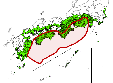 画像) 南海トラフ地震防災対策推進地域、(緑色に塗られた領域、赤線で囲まれた領域は南海トラフ巨大地震の想定震源域、内閣府資料に一部加筆)