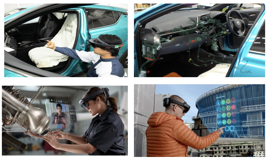写真)HoloLens 2を使用している様子。3Dの作業手順書の表示(写真上段)、現場の作業者とエキスパートの視点共有(写真左下)、建設プロセスの表示(写真右下)