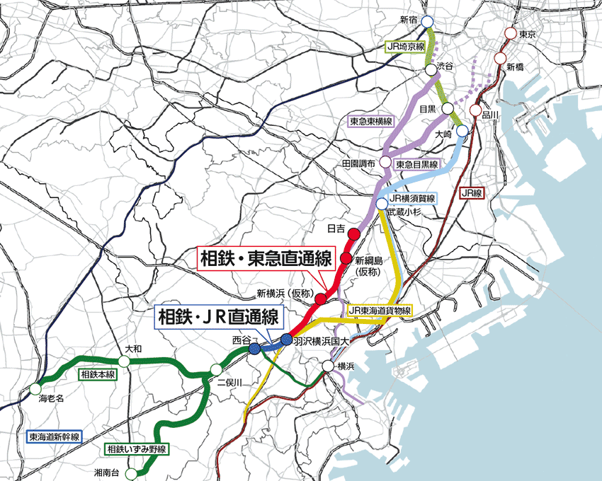 図)神奈川東部方面線(相鉄・JR直通線/相鉄・東急直通線)路線図