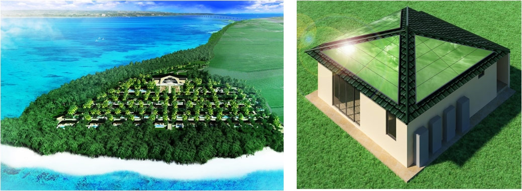 図)左:沖縄県宮古島市に建設中の大規模リゾート計画地/右:IGパーフェクトエコハウス研究棟の完成イメ-ジ