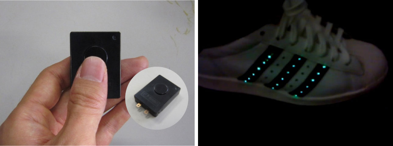 写真)実際の「振力電池」と「発電靴」