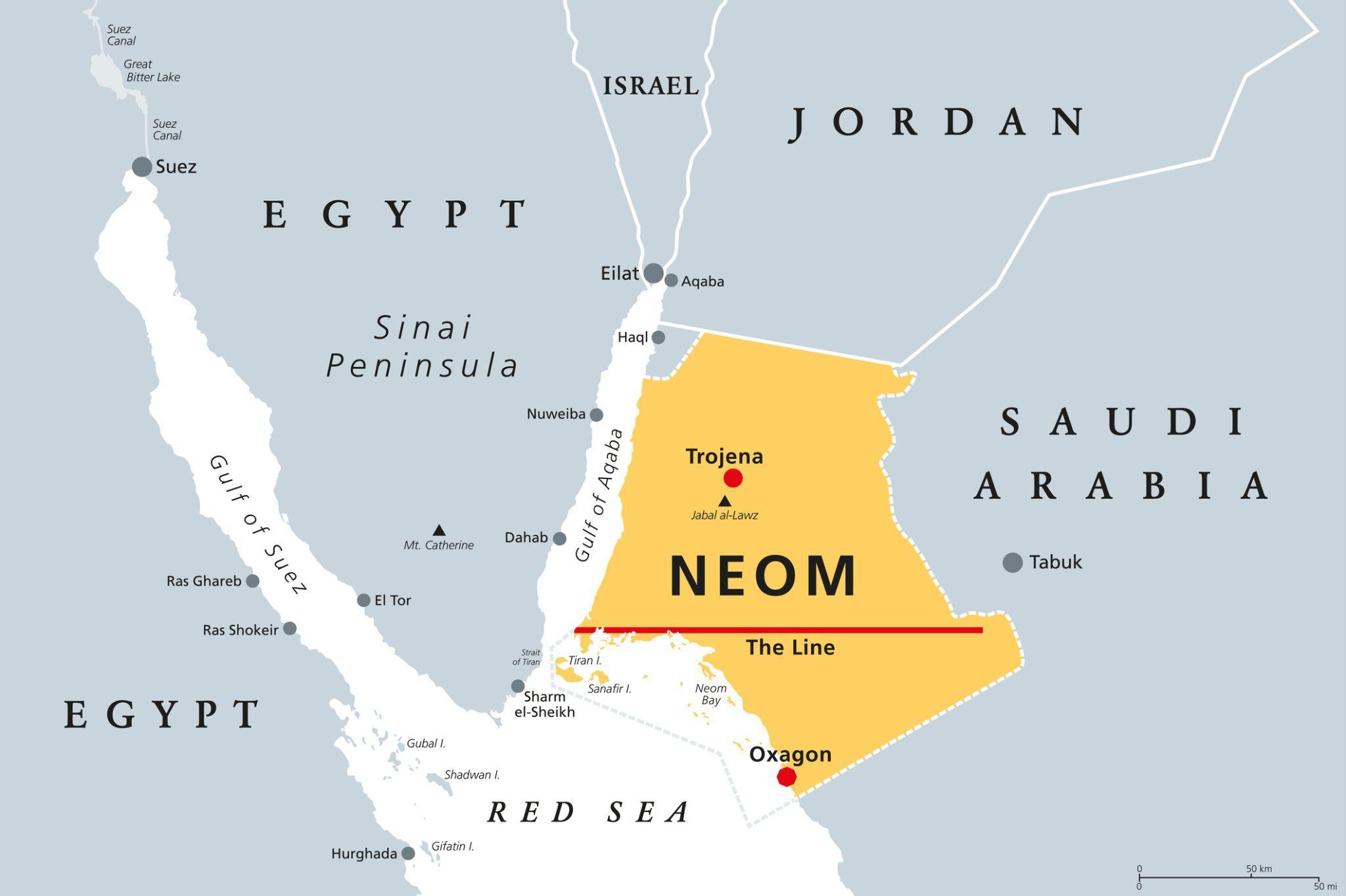 図)NEOMの地図 サウジアラビア北西部、ヨルダンの南、シナイ半島の対岸に位置する。