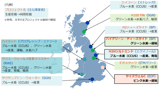 図)英国の主な水素関連プロジェクト 出所:Hydrogen UK、英国政府、各社発表に基づいてジェトロ作成