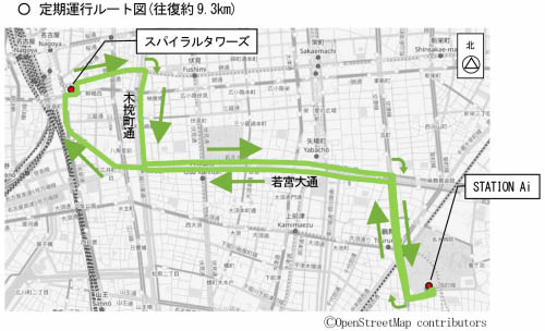 図)STATION Aiと名古屋駅(スパイラルタワーズ)を結ぶ若宮大通を中心としたルート(公道)