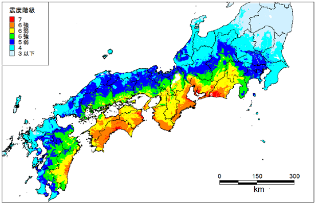 図)南海トラフ巨大地震の震度分布(強震動生成域を陸側寄りに設定した場合)