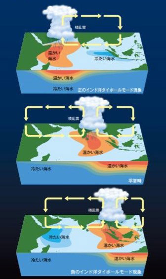 図)インド洋ダイポールモード現象(上:正の現象、真ん中:平常時、下:負の現象)
