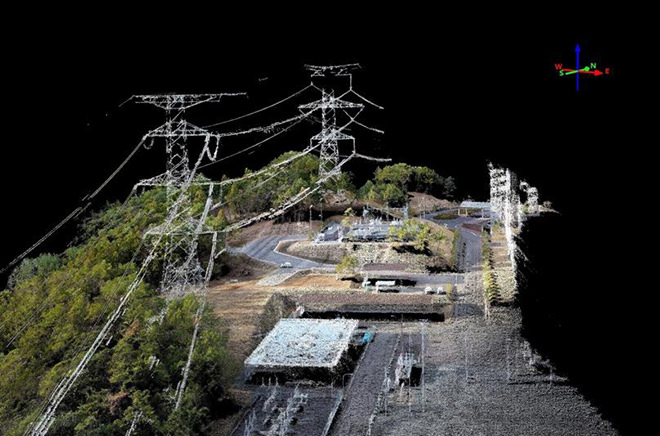 写真)ドローン撮影画像から構築した送電設備の3次元点群