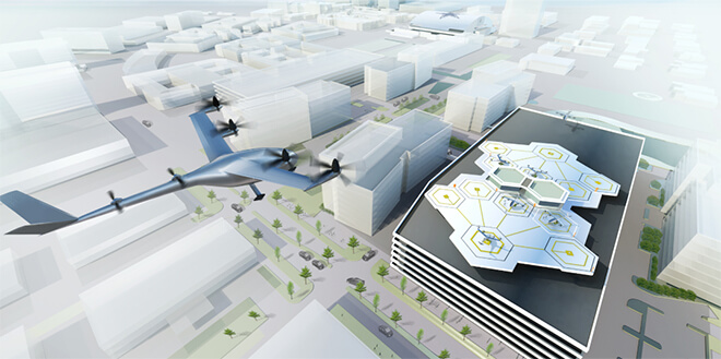 図)Uberの VTOL (Vertical Take-Off and Landing:垂直離着陸機)予想図