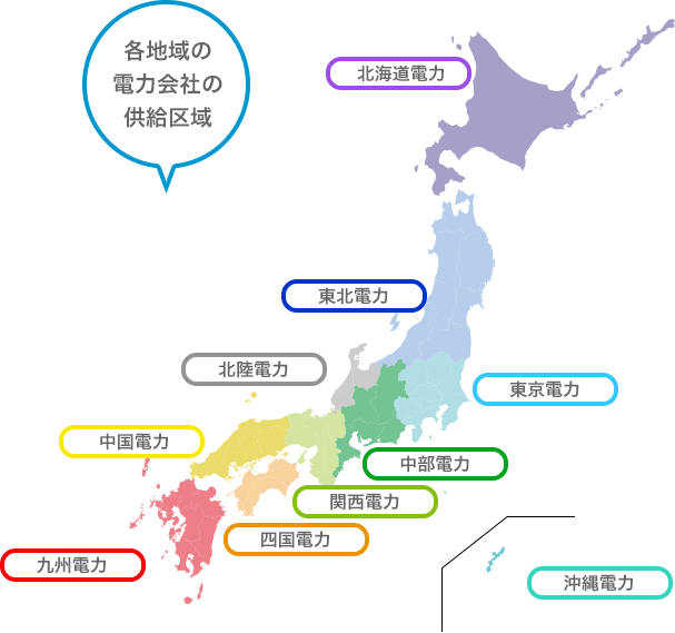 図) 各地域の電力会社の供給区域